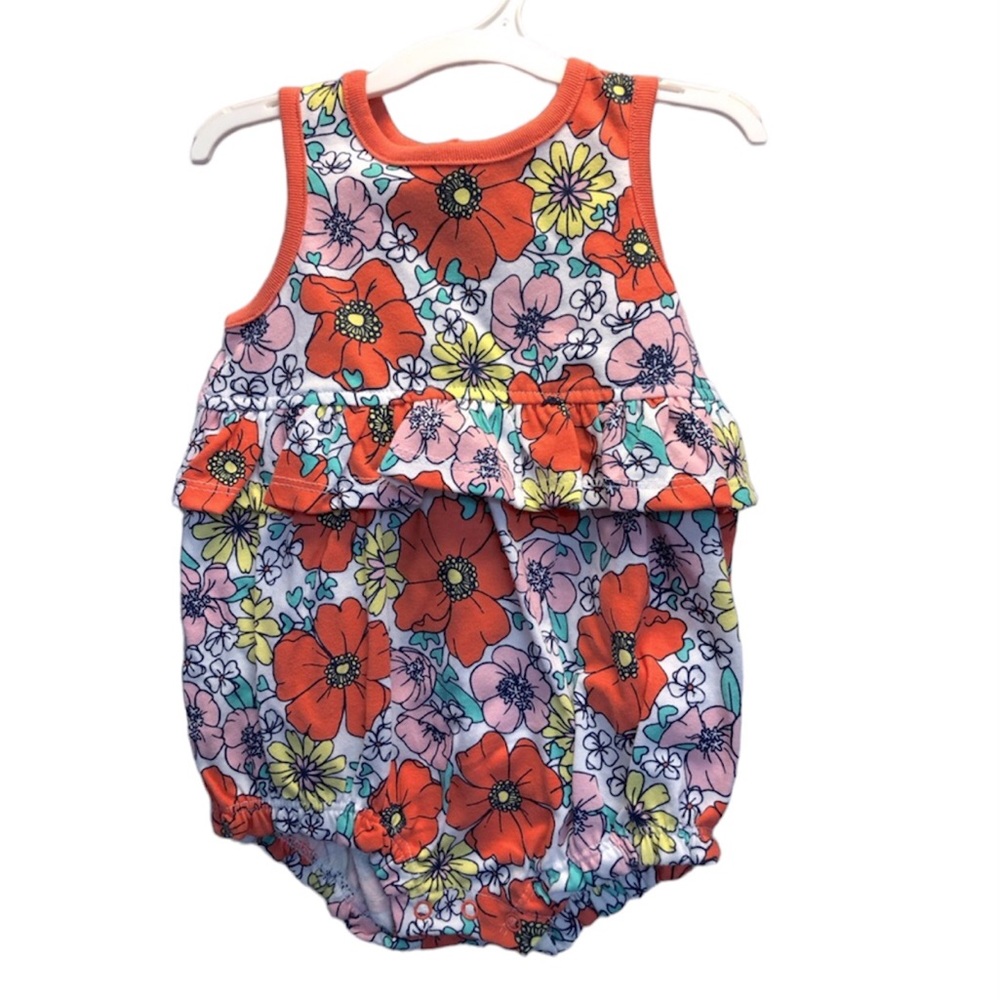 Baby Cat & Jack orange/yellow/pink floral romper with snaps, 6-9 M